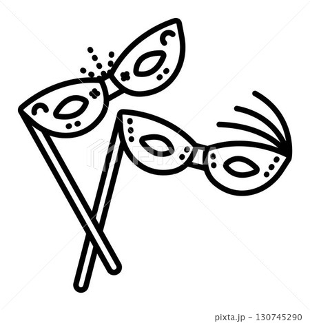 Two masquerade masks with sticks, vector black line icon, simple illustration Two masquerade masks with sticks, vector black line icon, simple illustration 130745290