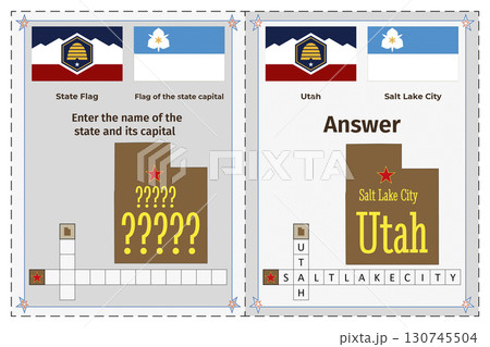 Geography of the USA for children. Question and answer. Flags, names, outline of the state and capital of Utah. Crossword illustration. Geography of the USA for children. Question and answer. Flags, names, outline of the state and capital of Utah. Crossword illustration. 130745504
