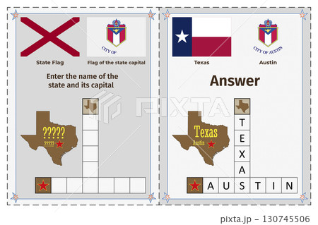 Geography of the USA for children. Question and answer. Flags, names, outline of the state and capital of Texas. Crossword illustration. 130745506