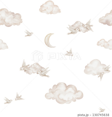 Watercolor repeat seamless pattern with illustration of a flying birds of peace with spread wing and cloud with moon. Hand-drawn Bird design symbol of peace for cards in pastel beige colors. 130745638