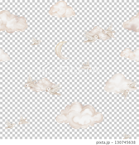 Watercolor repeat seamless pattern with illustration of a flying birds of peace with spread wing and cloud with moon. Hand-drawn Bird design symbol of peace for cards in pastel beige colors. 130745638