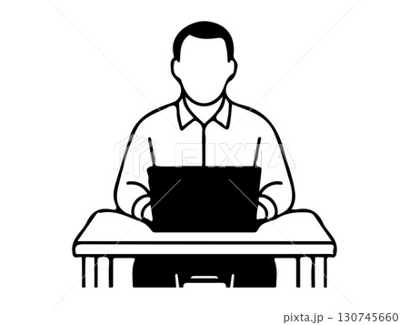 ノートパソコンで作業する男性の線画イラスト 130745660