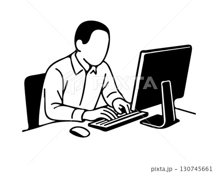 ノートパソコンで作業する男性の線画イラスト 130745661