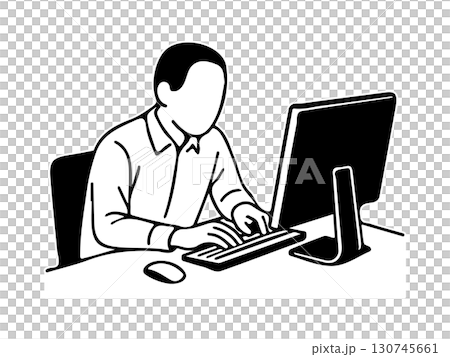 ノートパソコンで作業する男性の線画イラスト 130745661