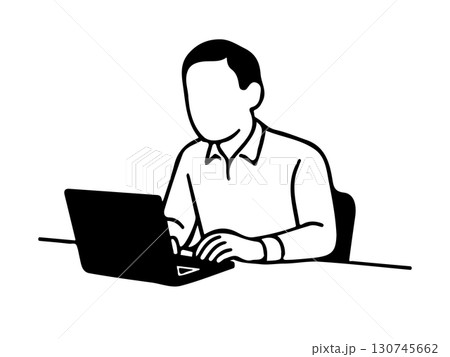 ノートパソコンで作業する男性の線画イラスト 130745662