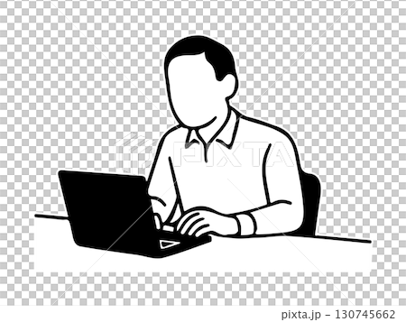 ノートパソコンで作業する男性の線画イラスト 130745662