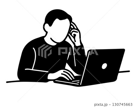 ノートパソコンで作業する男性の線画イラスト ノートパソコンで作業する男性の線画イラスト 130745663
