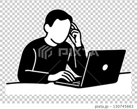 Line drawing illustration of a man working on a laptop 130745663