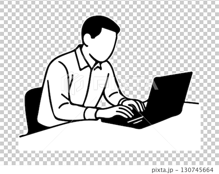 一名男子在筆記型電腦上工作的線條插圖 一名男子在筆記型電腦上工作的線條插圖 130745664