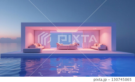 Modern floating pavilion at sunset over calm water, illuminated by warm ambient light under a starry sky. Generated AI 130745865