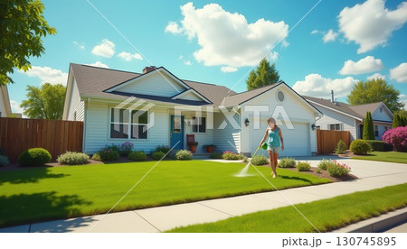 Beautiful suburban house with landscaped lawn, trees, and blue sky on a sunny day. Generated AI Beautiful suburban house with landscaped lawn, trees, and blue sky on a sunny day. Generated AI 130745895
