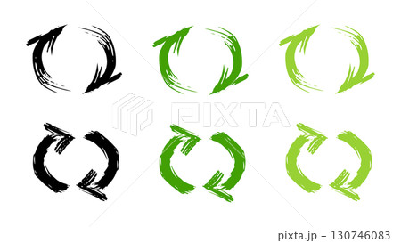 Set of green arrows in the form of waste recycling sign, grunge arrows of different shapes drawn with brush in circle, waste reuse and recycle, save environment concept, recycling cans collection Set of green arrows in the form of waste recycling sign, grunge arrows of different shapes drawn with brush in circle, waste reuse and recycle, save environment concept, recycling cans collection 130746083