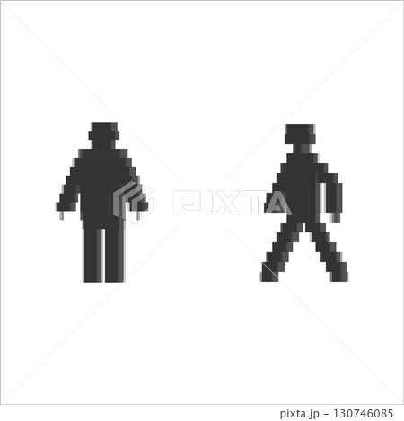Pixel people on white background, walking man and standing man in cartoon style, people from traffic light for games and websites, gaming user interface, grey pixel people icons 130746085