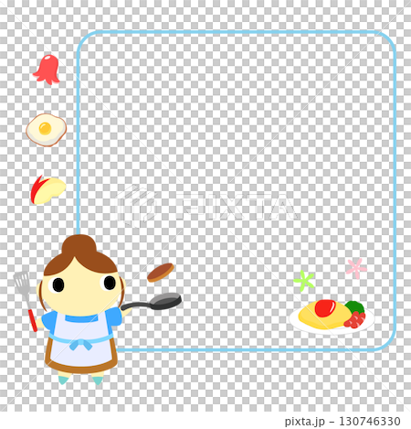 一位穿著圍裙的女人用框架和裝飾做飯 130746330