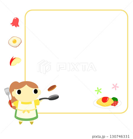 料理をするエプロン姿の女性　フレーム＋装飾付 130746331