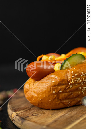Classic hot dog with vegetables, sauces and sesame bun on black background. Street food Classic hot dog with vegetables, sauces and sesame bun on black background. Street food 130746357