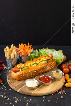 Classic hot dog with vegetables, sauces and sesame bun on black background. Street food 130746360