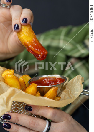 Golden potato wedge dipped in ketchup, held by hand, close up on dark background Golden potato wedge dipped in ketchup, held by hand, close up on dark background 130746361