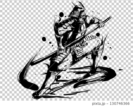 Sumi-e illustration of a warrior drawing his sword 130746366