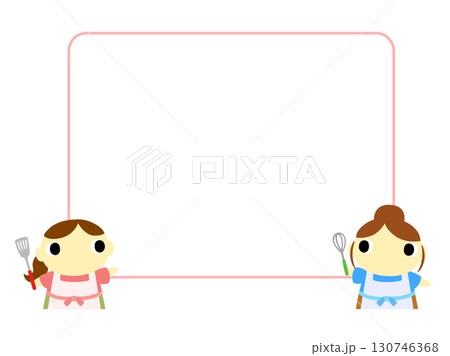 案内をするエプロン姿の女性　吹き出し　四角フレーム 130746368