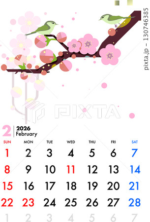 2月カレンダー,卓上,梅,鶯,祝日,日曜始まり,日本 130746385