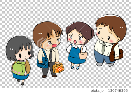 Four men and women walking with luggage Four men and women walking with luggage 130746396