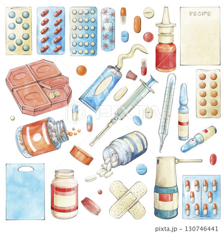 watercolor set of medicines isolated on white background.Jar with pills,blisters with tablets and capsules,syringe,ampoules, tube, nasal and throat spray, thermometer, plaster, ampules, pill container 130746441