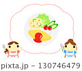 朝食メニューを紹介するエプロン姿の女性　オムレツ 130746479