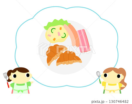 朝食メニューを紹介するエプロン姿の女性　クロワッサン 130746482