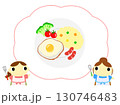 朝食メニューを紹介するエプロン姿の女性　目玉焼き 130746483