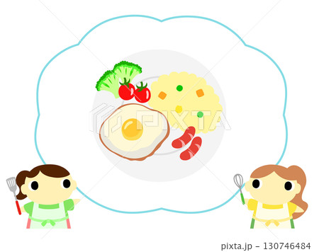 朝食メニューを紹介するエプロン姿の女性 目玉焼き 朝食メニューを紹介するエプロン姿の女性 目玉焼き 130746484
