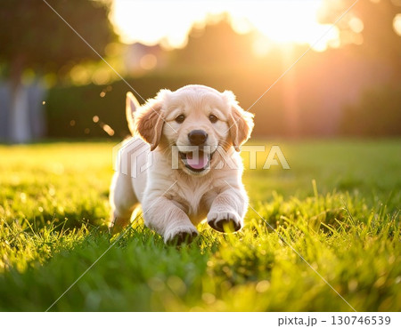 A cute Golden Retriever puppy runs towards the viewer, playing on green grass during a sunny day. The background is blurred with soft sunlight filtering through the trees. 130746539