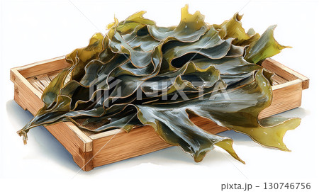 木製の番重(ばんじゅう)に上品に盛られた乾燥昆布の和風水彩イラスト素材 木製の番重(ばんじゅう)に上品に盛られた乾燥昆布の和風水彩イラスト素材 130746756