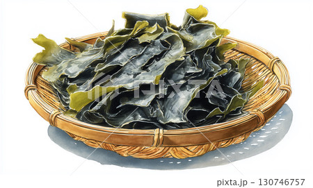 竹ざるに盛られた乾燥昆布、日本の伝統的な食材を表現したリアルな水彩イラスト 竹ざるに盛られた乾燥昆布、日本の伝統的な食材を表現したリアルな水彩イラスト 130746757
