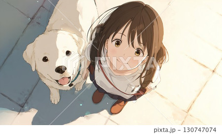 犬とお散歩する女の子 130747074