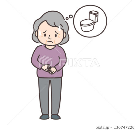 腹痛でトイレの心配をする高齢女性のイラスト 腹痛でトイレの心配をする高齢女性のイラスト 130747226