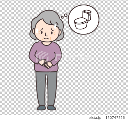 一位因胃痛而擔心上廁所的老年婦女的插圖 一位因胃痛而擔心上廁所的老年婦女的插圖 130747226
