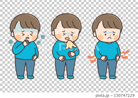 Illustration of a boy who is unwell (nausea, vomiting, abdominal pain) 130747229