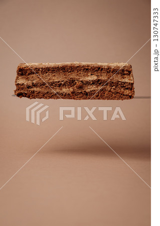 Slice of layered chocolate cake with creamy filling on cake server, minimal brown background 130747333