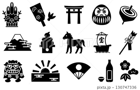 お正月の縁起物や伝統的なアイテムのシルエットイラストセット 130747336
