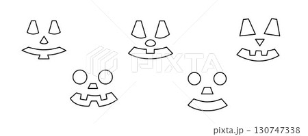 Halloween face for pumpkin carving, spooky face expression for traditional autumn holiday design, Halloween party celebration hand drawn outline simple doodle illustration, line art 130747338