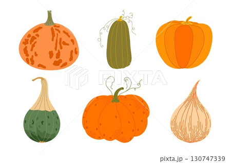 Pumpkins set hand drawn vector illustration in warm orange colors, vegetable for seasonal autumn, fall holidays celebration design, healthy vegetarian diet ingredient, Thanksgiving, Halloween clipart Pumpkins set hand drawn vector illustration in warm orange colors, vegetable for seasonal autumn, fall holidays celebration design, healthy vegetarian diet ingredient, Thanksgiving, Halloween clipart 130747339