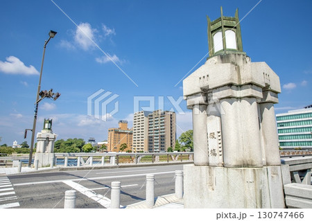 岡崎市、殿橋の親柱と岡崎城 130747466