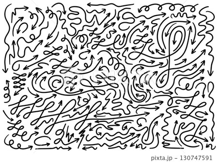 Big set of hand drawn simple black arrows in different directions and styles. Minimalist doodle arrow set for design. Arrows in multiple directions including curly, circular, and rotation symbols. 130747591