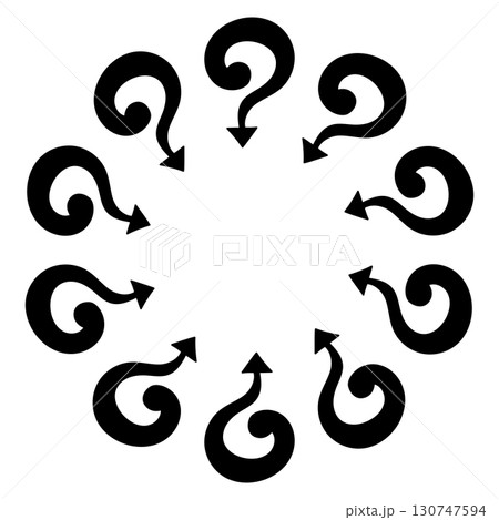 Circle frame with cartoon question marks and arrows pointing to the center, hand drawn in doodle style. Fun vector illustration for quizzes, posters, presentations, educational and creative projects. 130747594