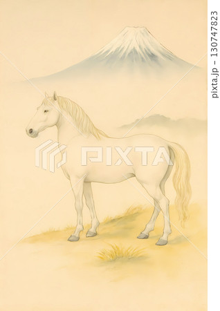 2026年_年賀状_素材_縦_和風_水彩画_白馬_富士_02 130747823