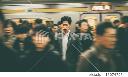 通勤ラッシュの人混みを歩く中年サラリーマンの出勤風景「生成AI」 通勤ラッシュの人混みを歩く中年サラリーマンの出勤風景「生成AI」 130747934