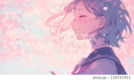 ピンクの桜に包まれた女子高生の爽やかな表情イメージ 130747953
