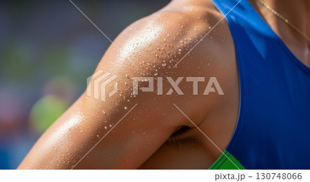 Close-up of athletic woman's shoulder with sweat droplets during workout 130748066