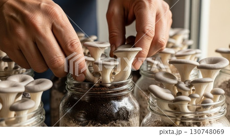 Hands Harvesting Fresh Oyster Mushrooms from Growing Kit 130748069